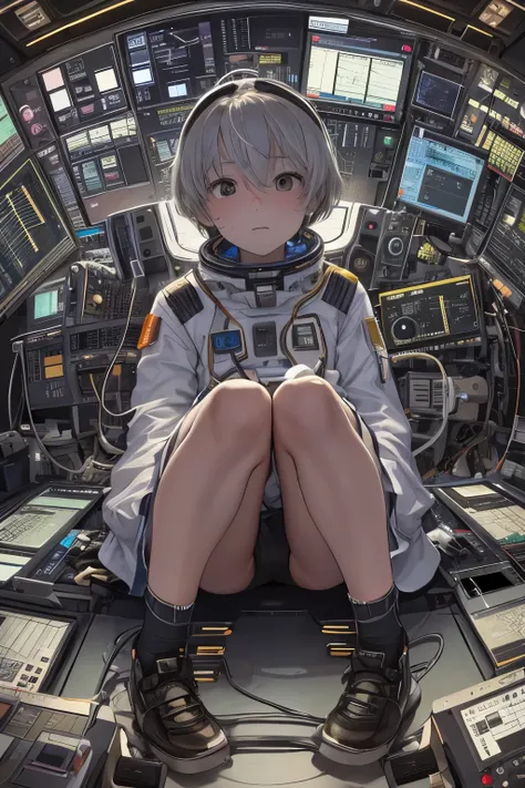 Ultra-detailed and hyper-realistic, the image presents an astronaut kid intently sitting at his control board, surrounded by an intricate array of blinking lights and complex machinery. The kids youthful face is depicted with sharp focus and exceptional de...