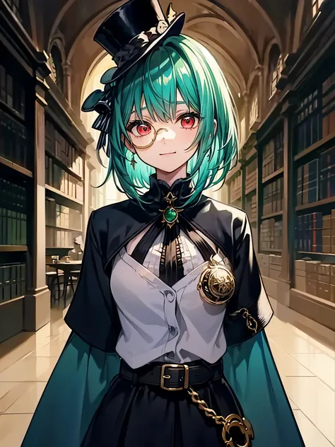 (((masterpiece、Highest image quality、highest quality、highly detailed unity 8kwallpaper)))、((Illustration of one girl、upper body))、(((beautiful girl)))、(librarian)、(Emerald green hair、messy hair、sidelocks:1.2、red eyes、crazy smile)、(((flat chest)))、(((monocl...
