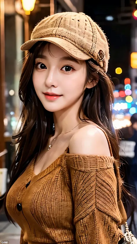 UHD, Extreme close-up of cute Korean female,Chest size 32 inches, wearing cap, wearing brown sweater, walking in the town, night, blurred background