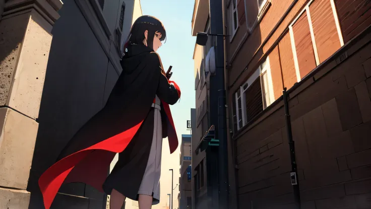 Miss，，black hair，Hair a little red，black suit，The cloak is torn on the back，There is a knife hanging on the waist，Hands wrapped in purple energy