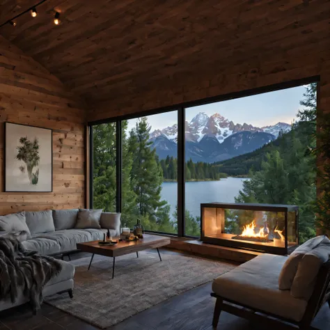 imagine a modern, luxurious hut nestled under the stars with majestic mountains in the background and a serene lake beside it. d...