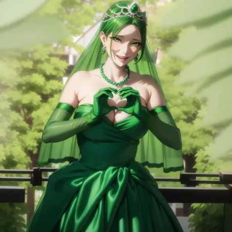 emerald tiara, green pearl necklace, ボーイッシュな非常に短いgreen hair, lipstick, smiling Japanese woman, very short hair, Beauty with large breasts, green eyes, Long Green Satin Gloves, green eyes, emerald earrings, green veil, heart with both hands, green hair, bea...