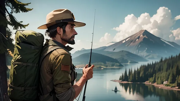 Male post-apocalypse character. Former Park Ranger with ranger hat. Short hair. Mustache. Backpack with survival equipment. Fishing rod on backpack. Overlooking forrest lake.