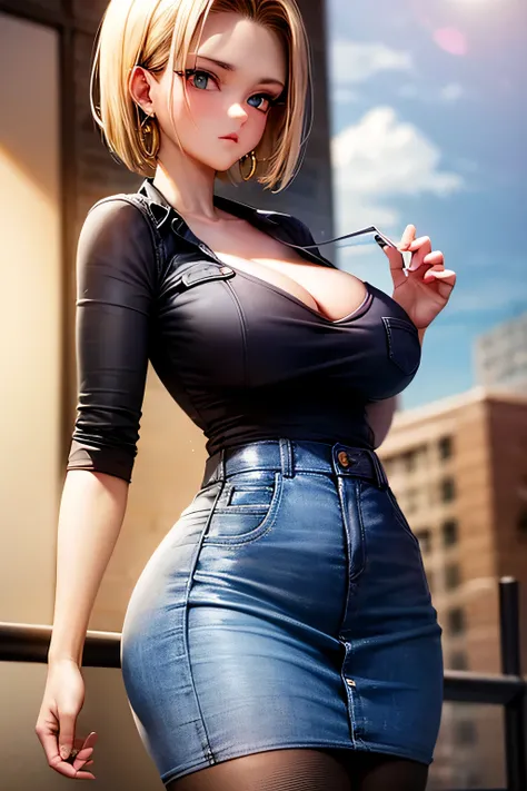 android 18, android 18, blonde hair, blue eyes, eyelash, hoop earrings, short hair, earrings, break belt, black legwear, black shirt, breast pocket, cleavage, clavicle, denim, denim skirt, high-waist skirt, jewelry, long sleeve, pocket, shirt, shirt tucked...