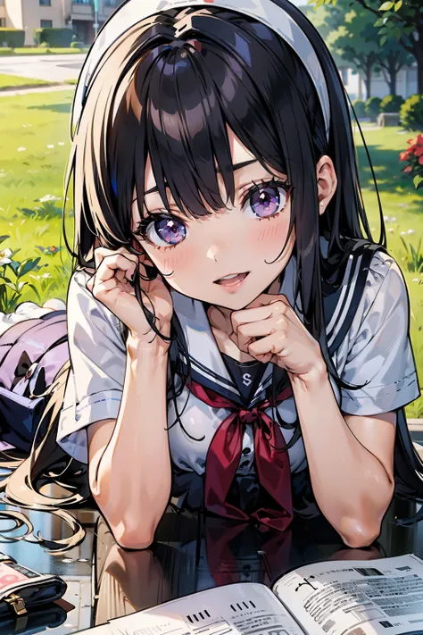 body 8 times longer than head, (Highly detailed CG unity 8k), (highest quality),(very detailed),(ultra high resolution), black hair, High school girl wearing a navy sailor suit, Anime 2D rendering, realistic young anime high school girl, ((White headband))...