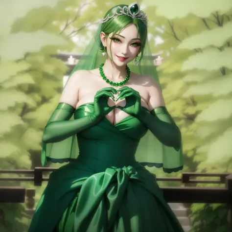 emerald tiara, green pearl necklace, ボーイッシュな非常に短いgreen hair, lipstick, smiling Japanese woman, very short hair, Beauty with large breasts, green eyes, Long Green Satin Gloves, green eyes, emerald earrings, green veil, heart with both hands, green hair, bea...