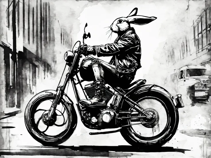 Ink style drawing, biker bunny, Street style, Contemporary art, minimalism