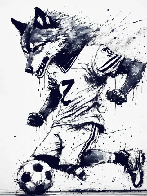 Ink style drawing, football wolf, Street style, Contemporary art, minimalism