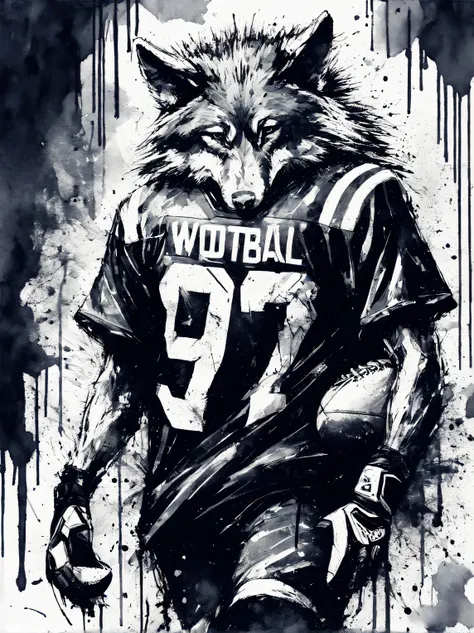 ink style drawing, football wolf, street style, contemporary art, minimalism