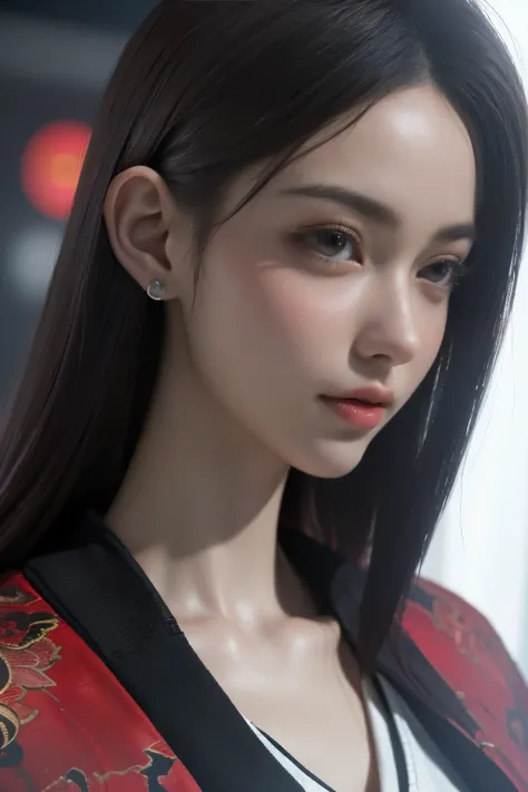 Game art，The best picture quality，Highest resolution，8K，(A bust photograph)，(Portrait)，(Head close-up:1.5)，(Rule of thirds)，Unreal Engine 5 rendering works， (The Girl of the Future)，(Female Warrior)， 22岁少女，((Pointy ears))，(Female hackers)，(White and red gr...