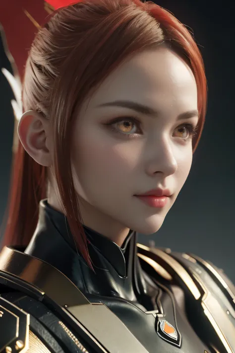 Game art，The best picture quality，Highest resolution，8K，(A bust photograph)，(Portrait)，(Head close-up:1.5)，(Rule of thirds)，Unreal Engine 5 rendering works， (The Girl of the Future)，(Female Warrior)， 22岁少女，(Female hackers)，(White and red gradient，Ancient O...