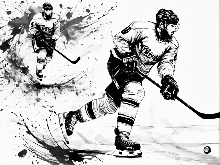 ink style drawing, guerrida the hockey player, casual style, contemporary art, black ink style