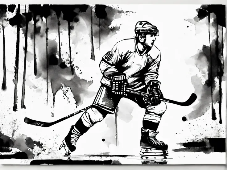 ink style drawing, guerrida the hockey player, casual style, contemporary art, black ink style