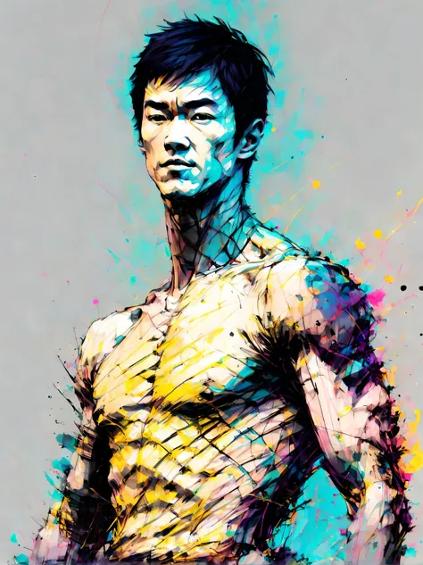 Ink style drawing, bruce lee, Clear style, Contemporary art, black ink style, thin ink lines