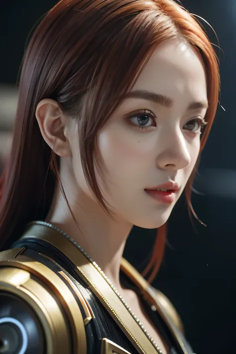 Game art，The best picture quality，Highest resolution，8K，(A bust photograph)，(Portrait)，(Head close-up:1.5)，(Rule of thirds)，Unreal Engine 5 rendering works， (The Girl of the Future)，(Female Warrior)， 22岁少女，(Female hackers)，(White and red gradient，Ancient O...