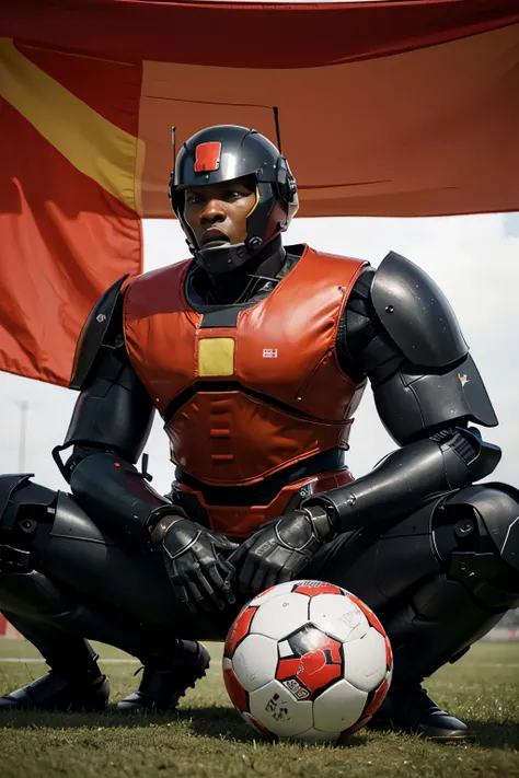 Create a giant robot with the colors of the Angolan flag about to face a Nigerian army in a football match