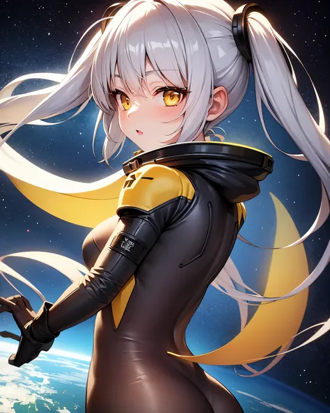 masterpiece, best quality, 1girl, (space), spacecraft, (spacesuit), upper body, from side, science fiction, yellow eyes, twintails, silver hair,