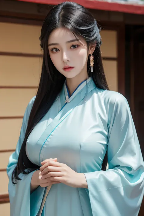 A 20-year-old Chinese beauty，Gorgeous Hanfu，sexy，long black hair，Color flows across her face，huge breasts