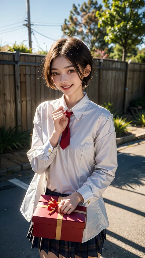 highest quality, masterpiece, ultra high resolution, (realistic:1.4), (portrait facing each other) RAW photo, 1 girl, 18-year-old,slender body,small breasts,((winter school uniform)),((short hair wolf cut)),((Hold out a cute box containing a gift to the vi...