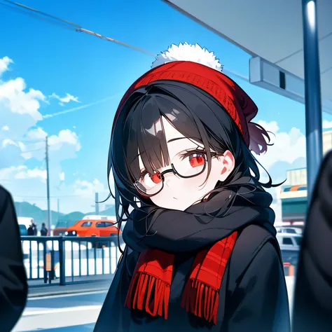 (masterpiece), best quality, expressive eyes, perfect face, red eye, black beanie, fluffy cut black hair, black scarf, black school sweater, short skirt, Round Glasses Black, park,