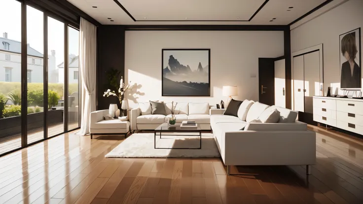 You are a famous interior designer、You have been asked to create a 3D image of a modern large room. Create a harmonious environment with modern and minimalist furniture. Including garden interior.