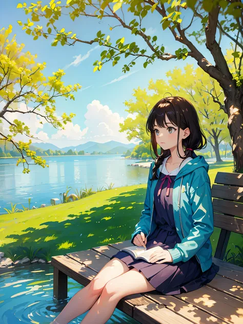 Girl reading by the lake, bright colors, spring, willow branches, Comfortable, warm sunlight