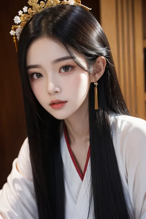 A 20-year-old Chinese beauty，Gorgeous Hanfu，sexy，long black hair，Color flows across her face，huge breasts，a ray of light