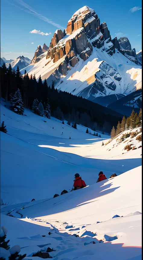 ((huge tall mountain range)), ((Italian dolomites)), best quality,ultra-detailed,realistic, landscape,majestic mountains,glowing white peaks,frozen lakes,crisp and cold air,skiing adventure,blue sky peeking through fluffy clouds,snow-capped mountain ranges...