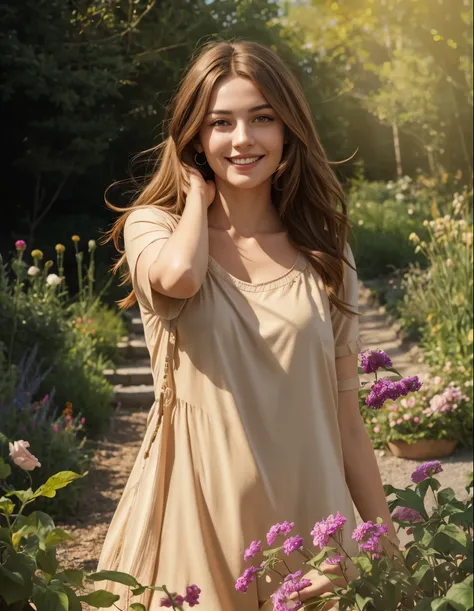 ultra realistic portrait of a pretty gently smiling woman, brown hair, messy clothes, flowers, sunny garden in the background, character design concept art, daylight, high contrast, detailed, sharp focus, raytracing, masterpiece