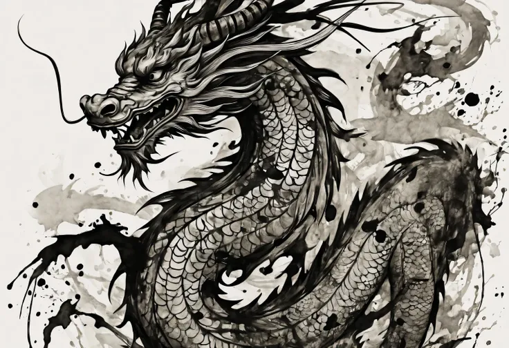 ink style drawing, chinese dragon, contemporary art, black ink style, thin ink lines, blows, blows, stains, drops, streaks, nega...