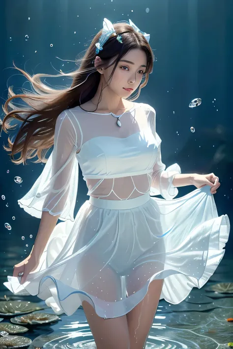 1 girl, (super beautiful), (beautiful face:1.2), standing on a crystal clear edge, transparent water source. Blue butterflies fly around her, Add elegance to the scene. She is wearing pure white clothes, A sparkling gauze skirt fluttering gently in the win...