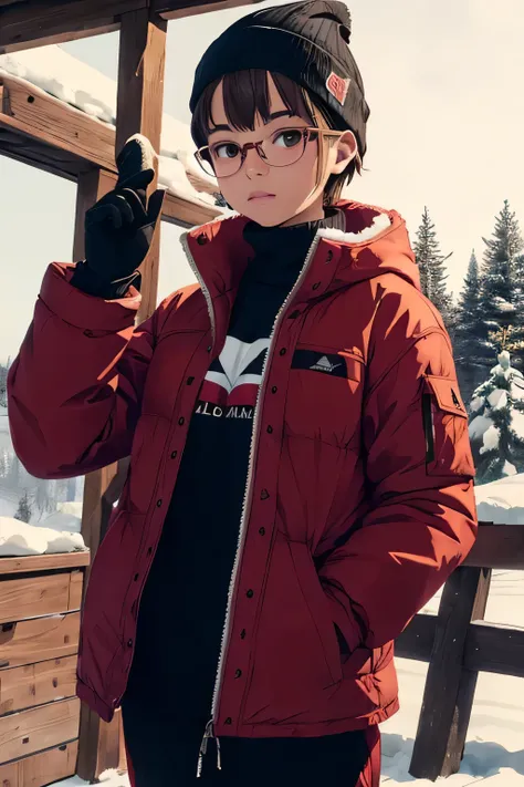 ((best quality)), ((masterpiece)), (detailed), perfect face,  teenage brown girl, short hair, golden glasses, cream beanie, girl, dark brown skiing jacket, red skiing gloves, white sweatpants, red skiing gliders with red and black skiing sticks on a backdr...