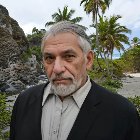 Old man with gray hair and gray beard stands in suit on tropical beach