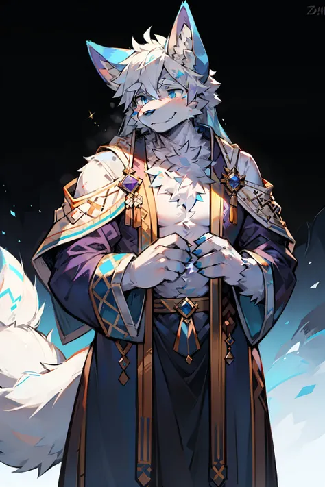 only，hairy male，Hairy chest，Coyotes，canine，Blue-white fur，long white hair，The ends of the hair are purple，bright blue eyes，being bullied，charming，Handsome，big tail，Full body male love，high priest，Wear robes