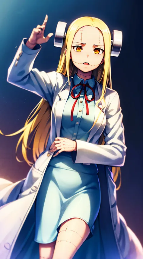 Madaraki_Fran,young woman,costs,((((wearing a white lab coat)))),((gestures aggressively)),long hair,yellow hair,seams,Scars on the body,(angry),speaks to a person