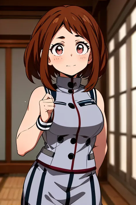 Ochaco Uraraka wearing a uniform, {1/woman} looking at her, nice environment, super detailed, high quality