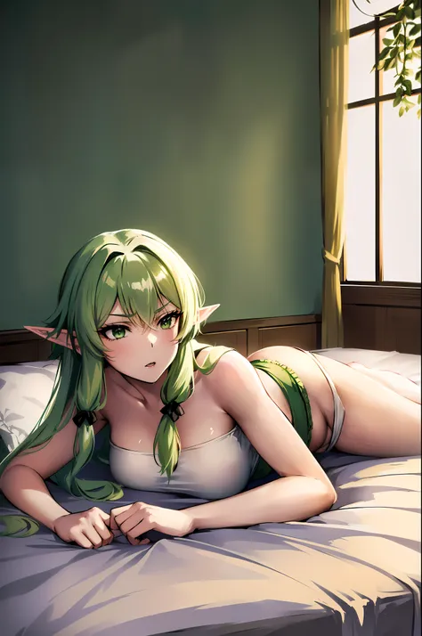 highelfarcher, high elf archer, elf, Green hair,  long hair, pointy ears,  elf,  (masterpiece:1.2), best quality, high resolution, unity 8k wallpaper, (illustration),   perfect lighting, Highly detailed CG,  (sexy:1.4),alone, 1 woman ,(White_top:1.3), (Bla...