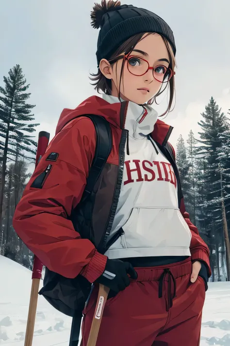 ((best quality)), ((masterpiece)), (detailed), perfect face,  teenage brown girl, short hair, round golden glasses, cream beanie, girl, dark brown skiing jacket, red skiing gloves, white sweatpants, red skiing gliders with red and black skiing sticks on a ...