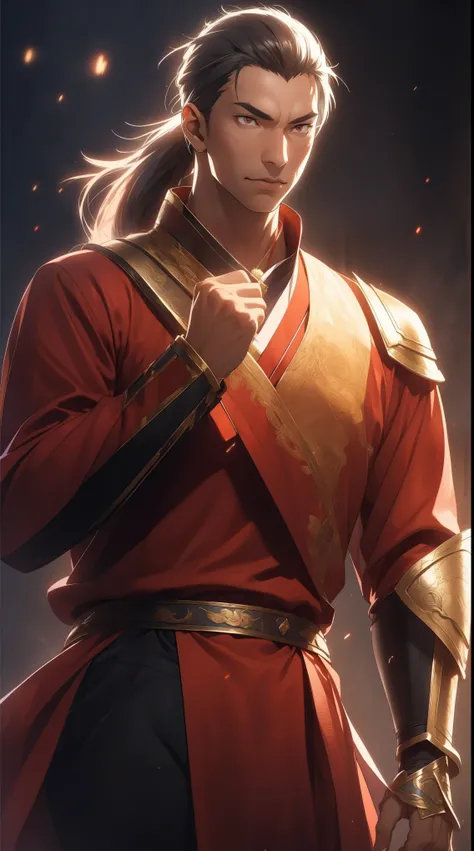 Two dimensions，anime style，one person（male warrior），proportions are correct，facial details，swordsman，high ponytail hairstyle，neck detail，Have an Adam&#39;s apple，red robe，joke，Red robe，clothing details，Handing over，long sleeves（arm guards、Armour、pauldron），...