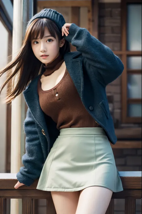 _model shooting style,trendy winter clothes girls、cleavage,micro mini skirt(Focus on Banchang: 0.8), Zoom lens shots, by Studio Ghibli, (((masterpiece))), (((highest quality))), (Highly detailed CG Unity 8K wallpaper)