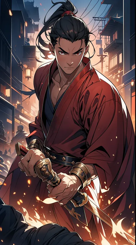 Two dimensions，anime style，one person（male warrior），proportions are correct，facial details，swordsman，high ponytail hairstyle，neck detail，Have an Adam&#39;s apple，red robe，joke，Red robe，clothing details，Handing over，long sleeves（arm guards、Armour、pauldron），...