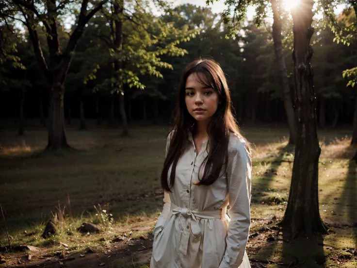 young Anne-Marie Alto looking at camera, forest, spring mysterious atmosphere, bright sunset