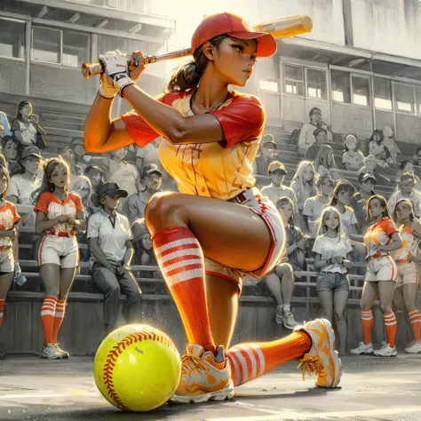 high quality,HD,16k,sharp lines,1 girl,Female softball Athletes ,cute face, medium breasts, nice legs,At the softball venue,focus girl,detailed beautiful face,detailed clothes,beautiful eyes,cool,dynamic angle