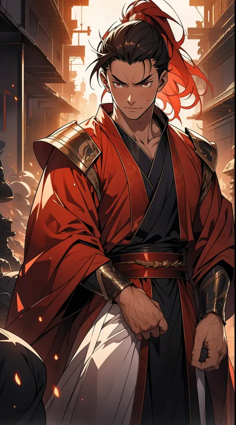 Two dimensions，anime style，one person（male warrior），proportions are correct，facial details，swordsman，high ponytail hairstyle，neck detail，Have an Adam&#39;s apple，red robe，joke，Red robe，clothing details，Handing over，long sleeves（arm guards、Armour、pauldron），...