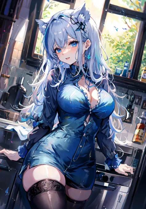 anime girl with blue hair and blue eyes posing in a kitchen, seductive anime girl, anime style 4k, Trending with Art Station Pixiv, beautiful anime girl, perfect white haired girl, beautiful attractive anime woman, attractive anime girl, Nightcore, 4k anim...