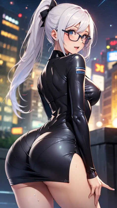 woman,25 years old,,city,night,(((white and blue tight miniskirt bodysuit))),,open mouth smile(())(glasses),((beautiful long ponytail)),(()),blush、surprised face,((())),((turn around and look back))wet with sweat