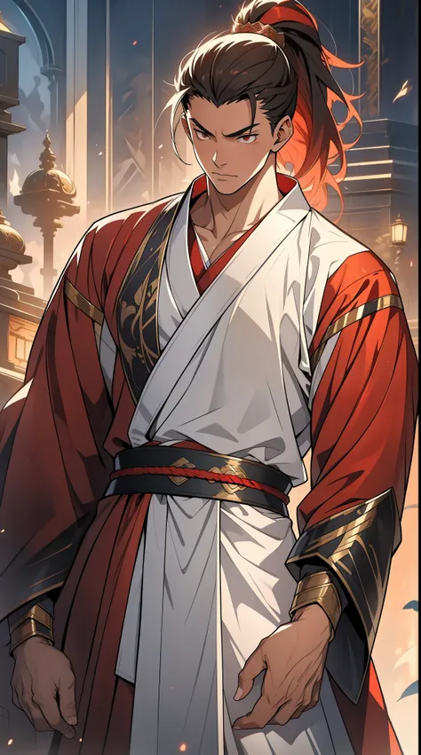 Two dimensions，anime style，one person（male warrior），proportions are correct，facial details，swordsman，high ponytail hairstyle，neck detail，Have an Adam&#39;s apple，red robe，joke，Red robe，clothing details，Handing over，long sleeves，Game quality，fencing，Ray tra...