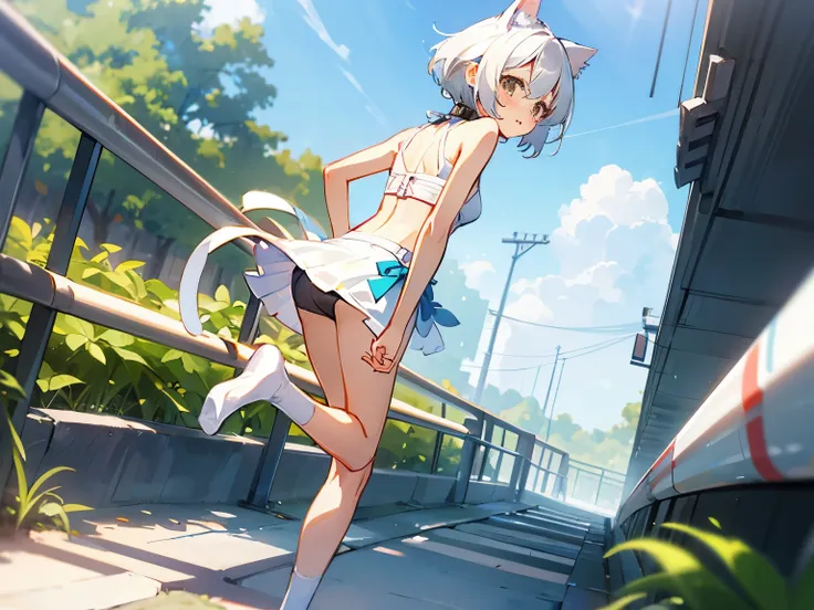 A little cat girl with white short hair, hazel eyes, white bikini, long white tail, turned back, looking viewer, On foot, not wearing shoes