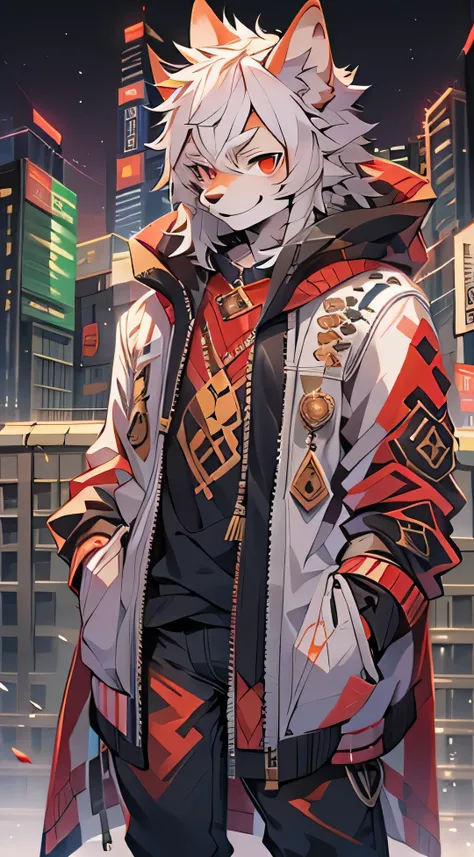 There is a male dog wolf on it, , 18 years old, half dog, 拟人化of  ,   ，one person，皮jacket，jacket，black jeans， of ( Black-red pupils), (黄金般of闪耀品质, high detail，Background city wallon hair with smile，Two small ears，skin gold