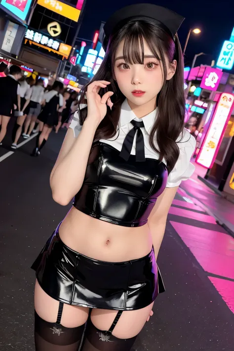 high angle shot、center view、a woman standing on a neon street at midnight、phenomenally cute 、japanese girl uniform、summer clothe...